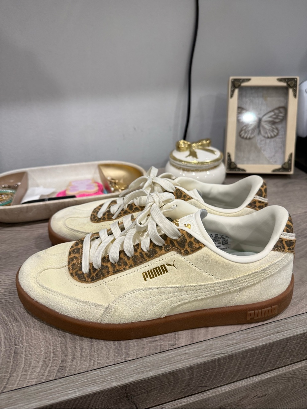 Puma Cream Suede Sneakers with Leopard Trim and Gum Sole - Picture 1 of 5